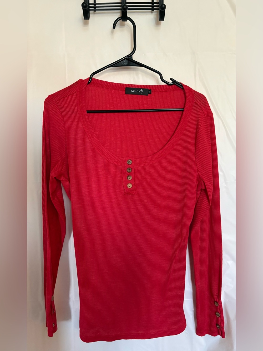 Red Ribbed Henley Long-Sleeve Top